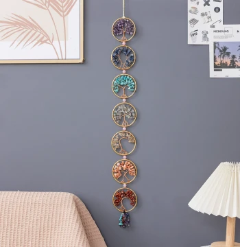 Seven Chakra Crystal Chip Tree of Life Pendant, Seven-Color Hand-Woven Ornament for Room, Living Room, and Wall Decor - Gift Included