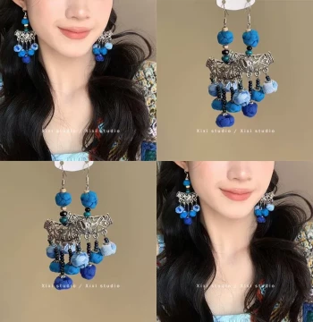 Azure Cloud Ridge! Dali Tie-Dye, Blue Dye, Wax Resist Handmade Fabric Frog Button Accessories! Ethnic Vintage Hair Bun Maker