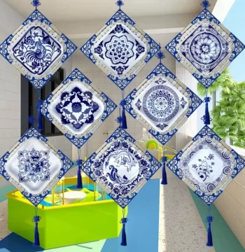 Bamboo Hanging Ornament Kindergarten Blue and White Porcelain Pendant Chinese Style Classroom Corridor Ceiling Decor Folk Art Creative Handmade