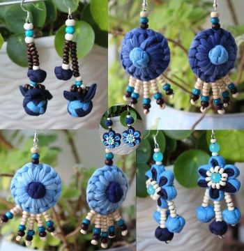 26 Yunnan Dali Hand-Tie-Dye Fabric Pumpkin Flower Earrings for Women, Blue-White Wooden Bead Tassel Earrings, Travel Accessories