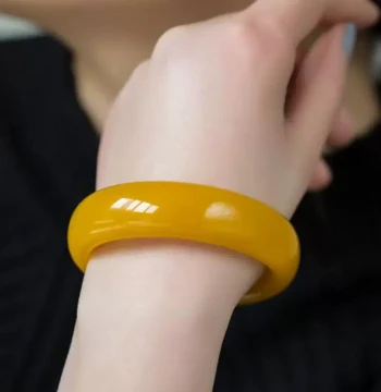 Yellow Natural Hetian Jade Chicken-Oil Honey Wax Bracelet with Gold Veins for Women - Certified Wide Band