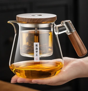 Wooden Handle All-Glass Yi Piao Cup Set, 2025 New Premium Tea-Water Separation Teapot and Cup Set for Home