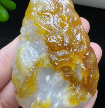 Natural Grade A Jadeite Ice-Translucent Yellow Dragon Pendant, Burmese Material, Divine Dragon Protector Amulet, Zodiac Dragon