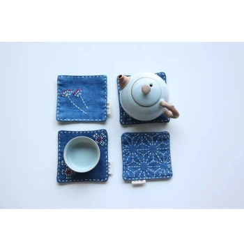 Lanxu Bai Tie-Dye Square Coaster Dyed Blue Tie-Dye Fabric Coaster Handmade Tie-Dye Tea Mat Cup Mat