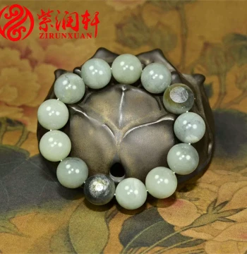 Zirunxuan Xinjiang Hetian Jade Ink-Wash Blue-and-White Seed Material Bracelet: 18MM Matte Round Beads Collector Grade