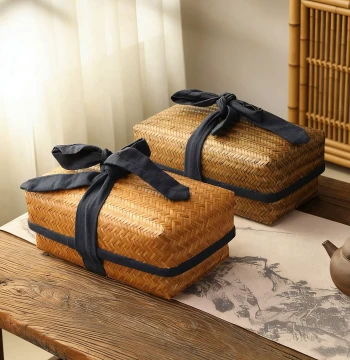 Bamboo Product Hand-Woven Bamboo Tea Set Storage Box, Household Rectangular Lined Organizer Box, Retro Portable Storage Container
