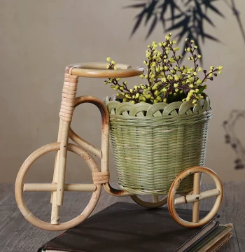 Three-Wheel Small Bamboo Basket Handmade Rattan Product Desktop Ornament Storage Basket Pen Holder Bamboo Weaving Product Creative Craft Prop