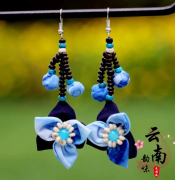 Ethnic Handmade Tie-Dye Blue Earrings – Long Floral Drop Earrings with Fabric Details and 925 Sterling Silver Hooks
