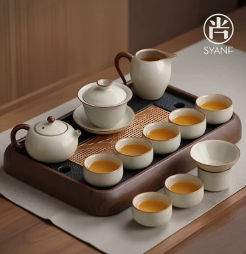 Ru Kiln Modern Minimalist Tea Set for Home Use, Premium Ceramic Teacups, Tray, and Teapot for Luxury Tea Drinking