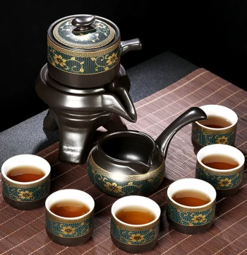 Lazy Person's Tea Set - Anti-Scald Ceramic Kung Fu Tea Cup with Semi-Automatic Stone Mill Teapot for Home Use