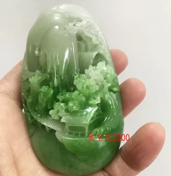 Natural Hetian Jade Raw Stone Exquisitely Carved Landscape Scenery Hand Piece Emerald Green Welcoming Guest Pine Collectible Imitation Jade Gift