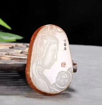 Authentic Jade Carving: White Jade Guanyin Hand-Held Piece, Mutton Fat Grade White Jade Lotus Guanyin Figurine for Men