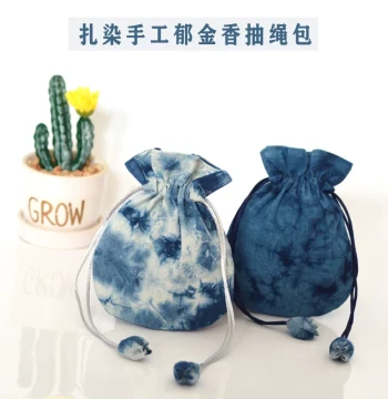 Tie-Dye Handmade Bag, Plant Dye Cloud Pattern Blue Dye Handmade Tulip Drawstring Cinch Fabric Small Pouch, Pure Cotton Storage Bag