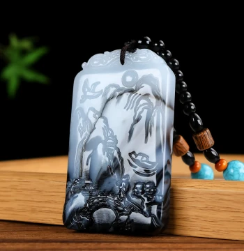 Natural Hetian Jade Blue-and-White Jade Landscape Plaque Hand Piece Great Rivers and Mountains Large Size Peace Plaque Pendant Play Piece Fine Carving