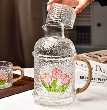 Retro Painted Hammered Glass Cold Water Pitcher with Hemp Rope, High-Temperature Resistant Cool Boiled Water Cup Set, Tea Brewing Pot