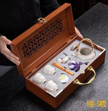 National Trend High-End Ru Kiln Tea Set Fragrant Gift Box Set Ceramic Handle Teapot Business Gift Matching Customizable