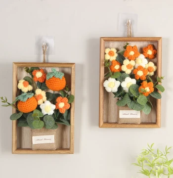 Hand-Knitted Yarn Artificial Flower Bouquet Wooden Frame Ornament Wall Decor Bedroom Dining Room Hanging
