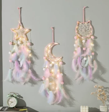 Girly Dreamcatcher Hanging Ornament Wind Chime Handmade DIY Finished Feather Woven Charm Cute Children's Room Decor