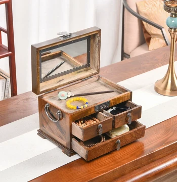 Tianzong Ebony Three-Drawer Dowry Chest, Rosewood Chinese Style Jewelry and Jade Storage Box, Solid Wood Collection Gift Jewelry Box