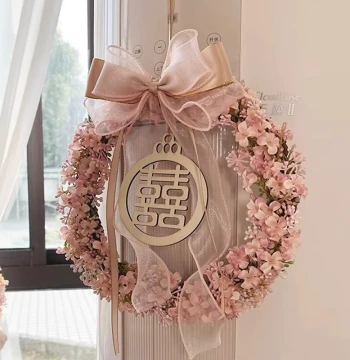 Wedding Double Happiness Wreath Hanging, Rattan Wall Decor for Bridal Room Background and Headboard