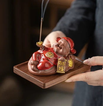 Creative Lying-Down Wealth God Incense Stick Holder Linear Incense Burner Home Indoor Incense Stand Ceramic Wealth-Attracting Tea Room Healing Aromatherapy Ornament