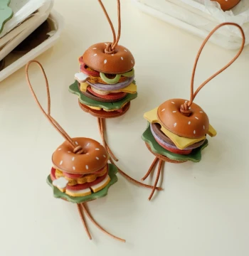 Chengtian Handmade | Original Pure Handmade Genuine Leather Hamburger Pendant Keychain Hanging Ornament Bag Decoration Top Layer Cowhide