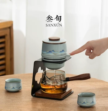 Sanxun Temperature-Sensing Ru Kiln Cloud-Pattern Lazy Tea Brewing Set for Home, Automatic Teapot with Kung Fu Tea Set, Ideal Gift for Elders