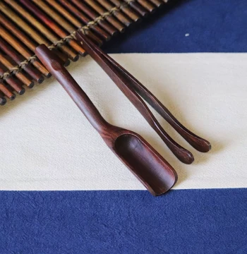 Solid Wood and Brass Tea Scoop and Tongs Set - Kung Fu Tea Accessories Including Leaf Spoon, Tweezers, and Cup Clips