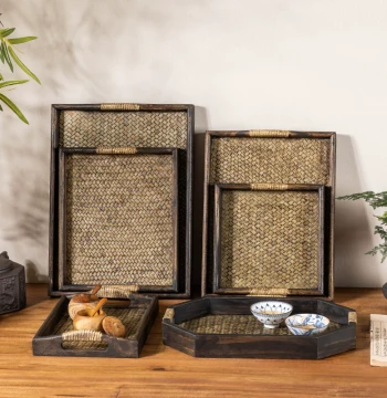 Thailand Solid Wood Rattan Woven Tray for Home Use, Holding Teacups and Tea Sets, Retro Wooden Tea Tray, Rectangular Serving Tray