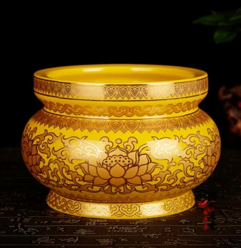Mingyin Buddhist Altar Supplies, Uninscribed Pure Gold Yellow Lotus Ceramic Incense Burner for Buddha Offering with Heart Sutra Insert, Free Shipping