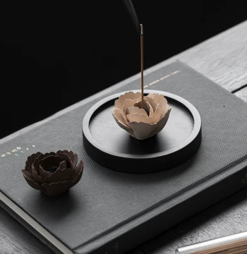 Jingdezhen Intangible Cultural Heritage Hand-Molded Ceramic Flower Chinese Zen Incense Stick Holder Tray Coarse Pottery Ornament Lotus-Shaped Small Incense Burner