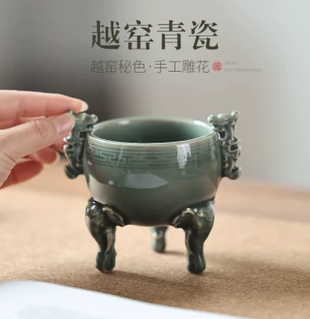 Yue Kiln Celadon Incense Stick Burner, Three-Legged Home Worship Censer, Zen-Style Ceramic Incense Holder Ornament