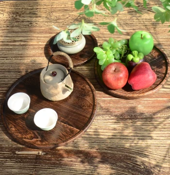 Chinese Style Solid Wood Tray, Home Retro Tea Tray, Nut Platter, Wooden Serving Tray for Dim Sum, Wabi-Sabi Style Tableware, Round Plate