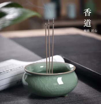 Celadon Buddhist Three-Legged Censer - Small Ceramic Incense Burner for Indoor Home Worship, Incense Stick Holder, and Offering Rituals