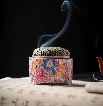 Hundred Flowers Blooming Ceramic Enamel Coil Incense Burner, Home Indoor Aromatherapy Furnace for Sandalwood and Agarwood, Incense Holder and Stick Burner