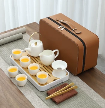 Mutton Fat White Porcelain Travel Kung Fu Tea Set; Portable Household Outdoor Tourist Brewing Set with Gaiwan, Teapot, and Teacups