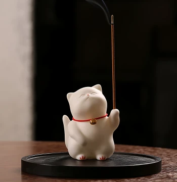Xiyan Cute Kitten Incense Holder Small Ceramic Censer Ornament, Home Indoor Stick Incense Base, Incense Tray and Stand