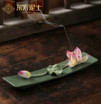 Ceramic Handcrafted Lotus Stick Incense Holder and Base, Zen Aromatherapy Burner with Creative Design Tray, Tea Ceremony Indoor Household Use