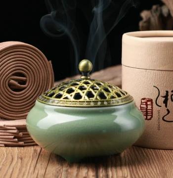 Home Incense Burner, Pure Moxa Stick Smudging Copper Censer, Indoor Aromatherapy Stove, Incense Burning Box, Ceramic Sandalwood Mosquito Coil Aromatherapy Tray