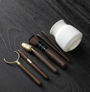 Six Gentlemen of Tea Ceremony Complete Tea Set Accessories Tea Brewing Tool Teacup Coasters Tea Table Ornaments Black Ebony Wood Vintage Chinese Style
