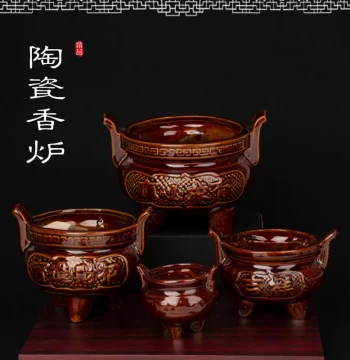 Ceramic Incense Burner in Ancient Bronze Color for Indoor Buddhist Worship, Three-Legged Stick Incense Holder, Large Home Offering Censer and Buddhist Supplies