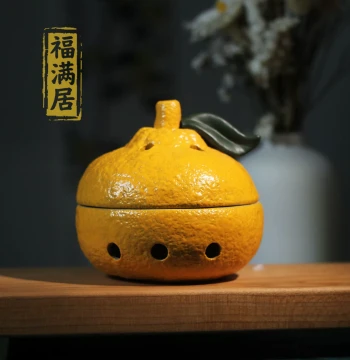 Ceramic Incense Burner Ornament – Cute Auspicious Orange Design for Home Indoor Coil Incense