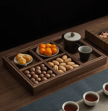 Black Walnut Solid Wood Tray Set - Japanese Style Rectangular Tea Serving Tray with Six-Piece Home Water Cup Holder