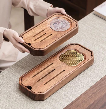 Walnut Wood New Chinese Style Water-Storage Dry Brewing Tea Tray, Office/Home Living Room Solid Wood Dry Brewing Station, Small Tea Serving Tray