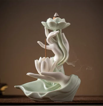 Creative Ceramic Buddha Hand Lotus Backflow Incense Burner for Home Indoor Use, Retro Sandalwood Burner, Fragrance Burner, Aromatherapy Ornament