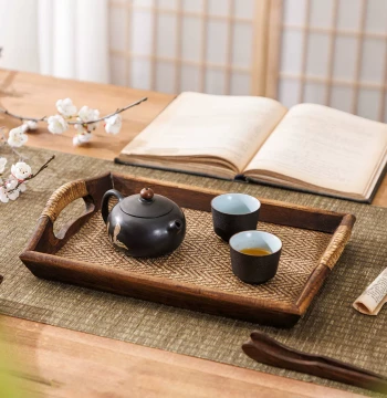 Thai Solid Wood and Rattan Woven Rectangular Tray for Home Living Room, Snack and Fruit Plate, Tea Cup and Teaware Storage Organizer