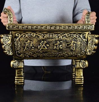Antique Bronze-Style Large Ceramic Incense Burner for Home Indoor Buddhist Altar and Temple Worship, Four-Sided Ding Style Buddha Offering Censer