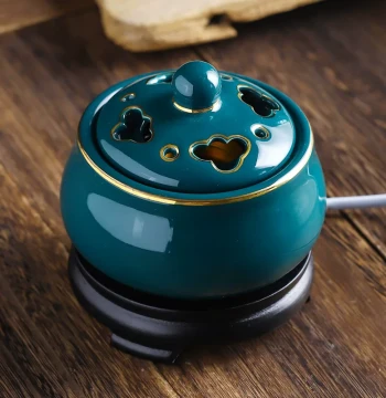 Timer & Temperature-Controlled Electric Incense Burner, Ceramic Aromatherapy Furnace, Electronic Agarwood Oil Warmer for Wood Powder with Polychrome Gold-Trim Design