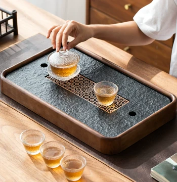 Solid Wood Black Gold Stone Small Tea Tray, Chinese Minimalist Home Tea Table with Water Storage and Drainage Dual-Use Compact Serving Tray