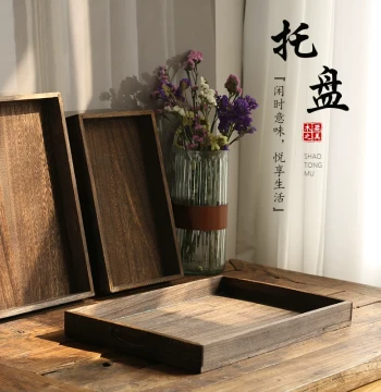 Hotel Photography Fruit Plate and Dessert Plate, Solid Wood Dining Plate, Rectangular Fruit Tray, Japanese Style Burnt Paulownia Wood Tea Serving Tray